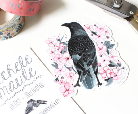 michele maule Sticker Crow with Blossoms