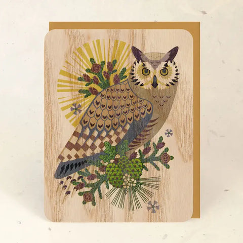 Little Gold Fox Wood Card Great-Horned Owl