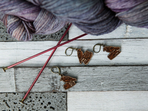 Sunrise Grove Stitch Markers Ravens on Books Walnut