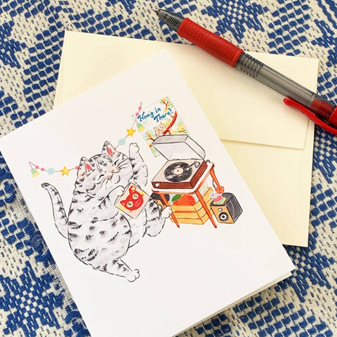 Paper Puffin Card Vinyl Vibes Dancing Cat