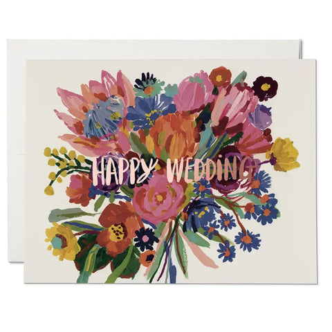Red Cap Card Happy Wedding Flowers