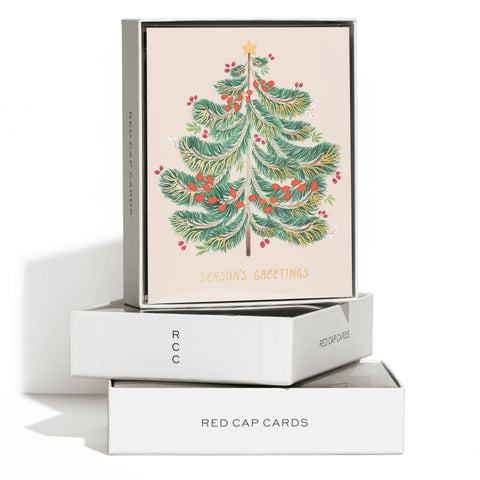 Red Cap Cards Set of Christmas Card Festive Evergreen