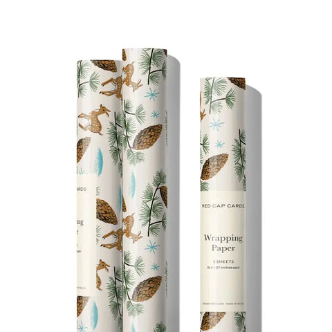 Red Cap Wrapping Paper 3 Sheets Deer and Pine Cones