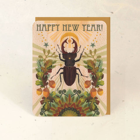 Little Gold Fox Wood Card New Year Beetle