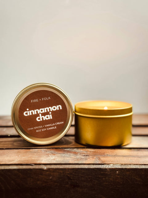 FIRE + FOLK - Cinnamon Chai | 8oz Wood Wick Candle Tin