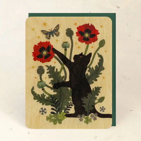 Little Gold Fox Wood Card Black Cat & Poppies Wood