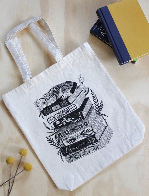 michele maule Canvas Tote Bag Cat on Books