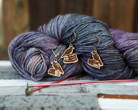 Sunrise Grove Stitch Markers Ravens on Books Walnut