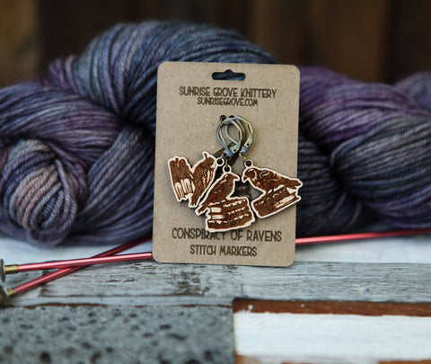 Sunrise Grove Stitch Markers Ravens on Books Walnut