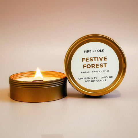 FIRE and FOLK Festive Forest Wood Wick Soy Candle Tin