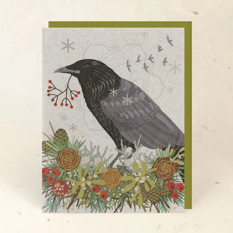 Little Gold Fox Wood Card Holiday Crow