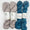Three skeins of yarn, two blue and one gray, with labels on a white background.