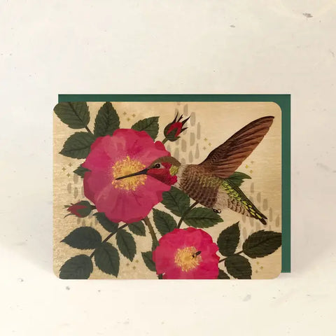Little Gold Fox Wood Card Hummingbird & Rose