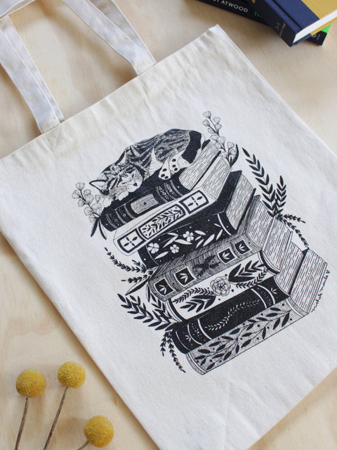 michele maule Canvas Tote Bag Cat on Books