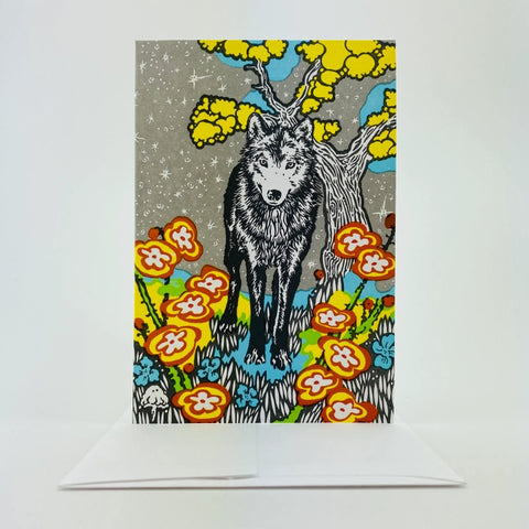 Old School Stationers Card Wolf & Flowers