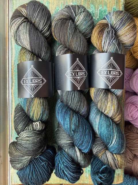 Six skeins of variegated yarn from Ex Libris, arranged in two rows on a rustic wooden surface. The yarn features variegated colors of slate blue, charcoal gray, black, and hints of olive green and gold.