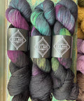 Three skeins of variegated yarn with dark gray, purple, and green color-shifting yarn, each wrapped with a black paper band labeled 'EX LIBRS'.