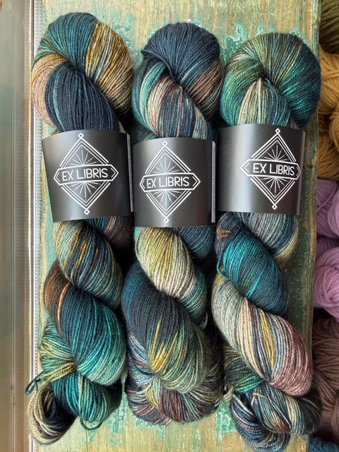 Three skeins of Ex Libris yarn stacked on a rustic wooden surface. The yarn features a variegated color pattern of deep teal, blue, brown, and hints of gold.