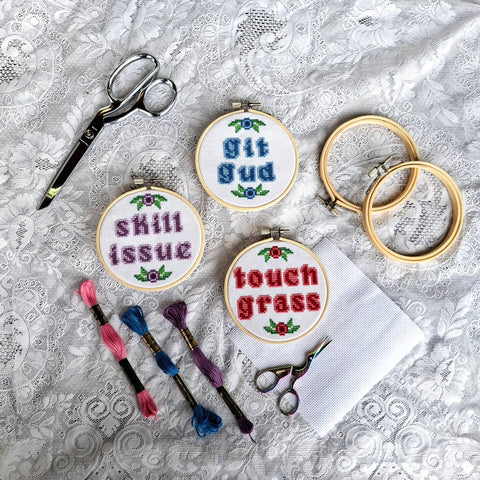 The Gloomy Gremlin Cross Stitch Kit Touch Grass