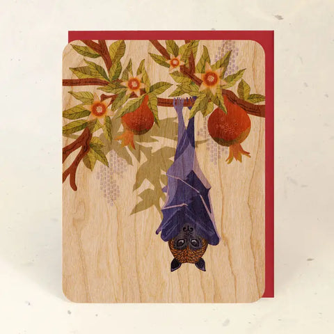 Little Gold Fox Wood Card Fruit Bat Pomegranate