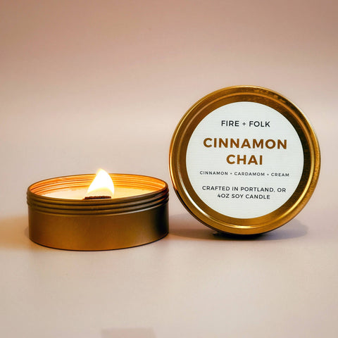 FIRE and FOLK Cinnamon Chai Wood Wick Soy Candle Tin