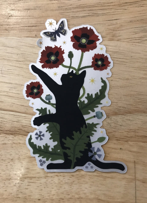 Little Gold Fox Black Cat & Poppies Sticker