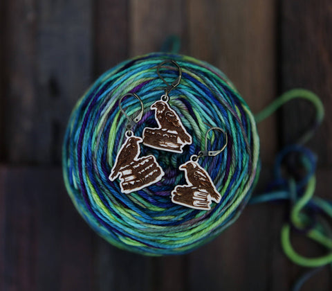 Sunrise Grove Stitch Markers Ravens on Books Walnut