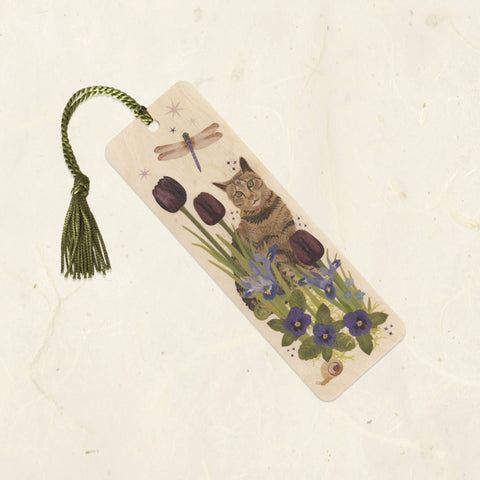 Little Gold Fox Wood Bookmark Tabby Cat and Dragonfly