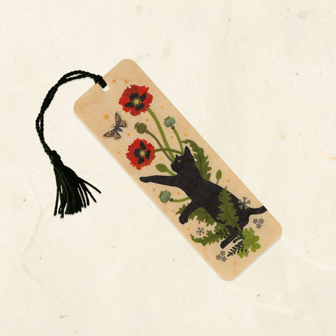 Little Gold Fox Wood Bookmark Black Cat and Poppies