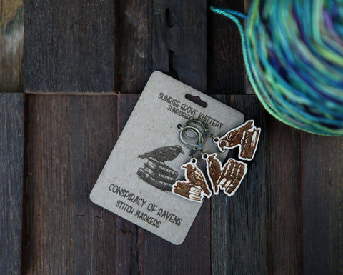 Sunrise Grove Stitch Markers Ravens on Books Walnut